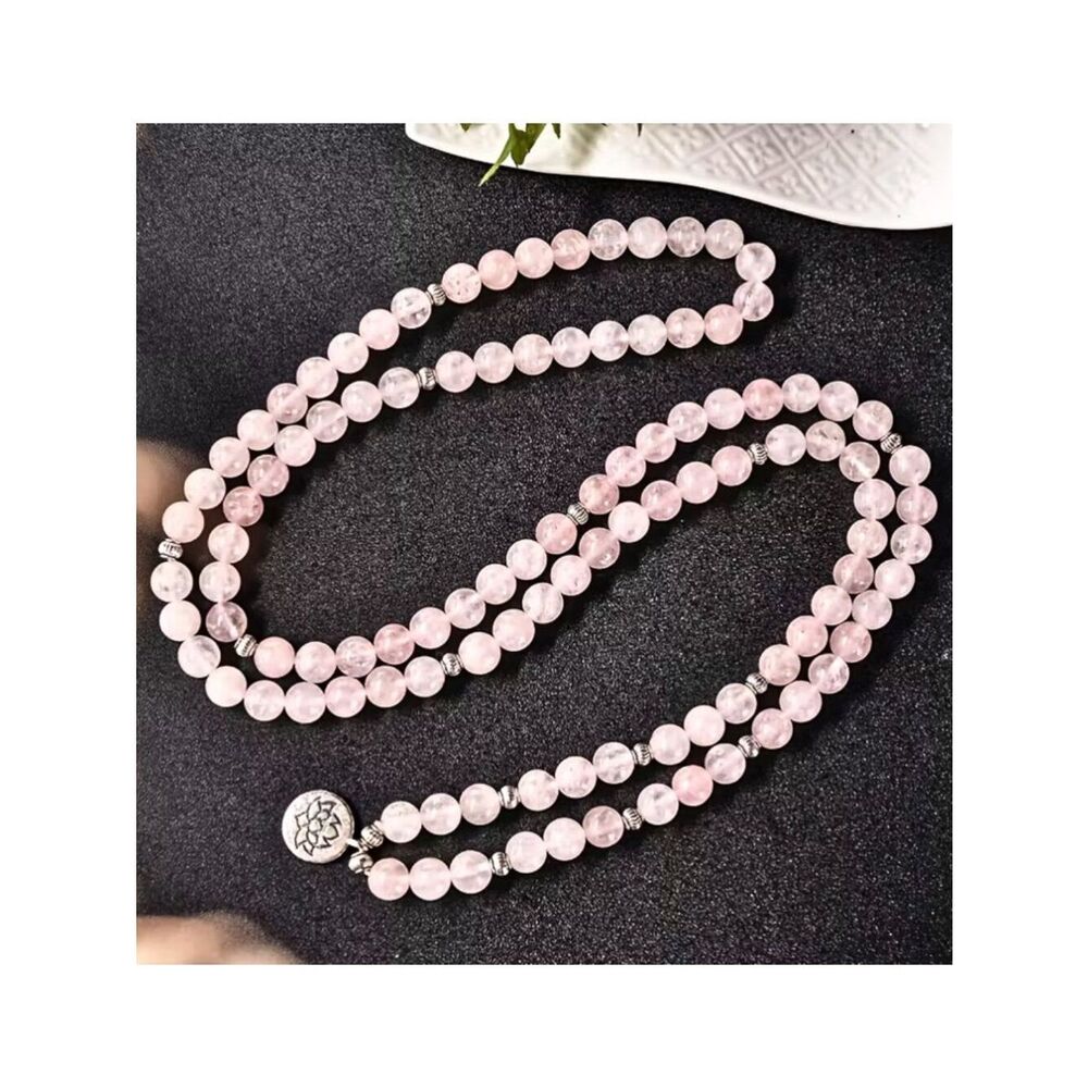 NWT 8mm Rose Quartz 108 Mala Bead Bracelet 4 Charms Lotus Pink Crystal Necklace
